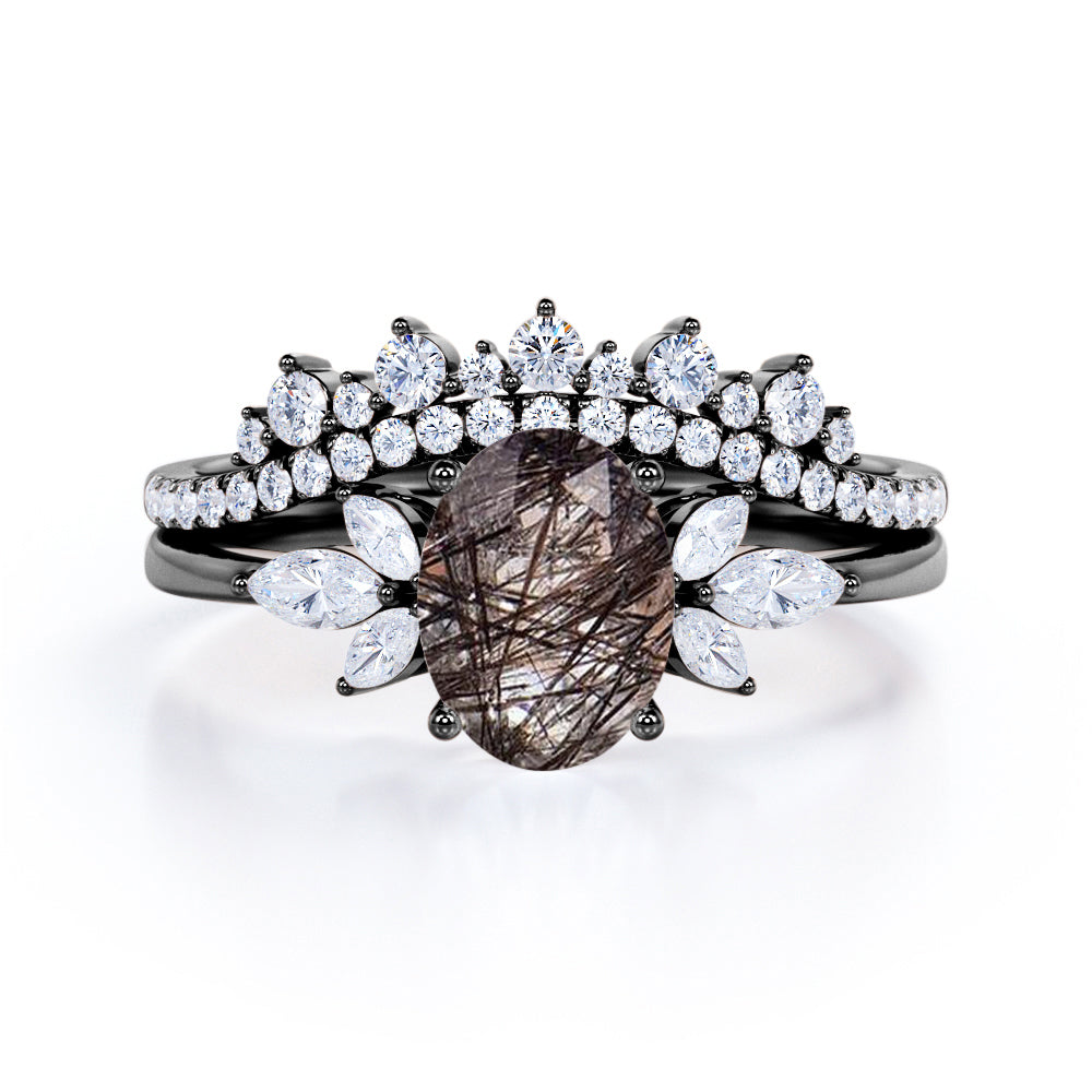 Nature Inspired 1.60 Carat Oval Cut Genuine Black Rutilated Quartz And Diamond Seven Stone Pave Bridal Set In Rose Gold