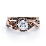 Filigree Tension-Halo 1.5 TCW Round Shape Moissanite with Lab Created Black Diamond Twisted Half Pave Wedding Set in Black Gold