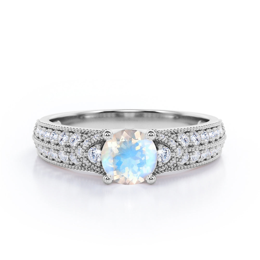 Classic Four Prong 1.50 Carat Round Cut Moonstone And Diamond Vintage Milgrain Engagement Ring In Rose Gold