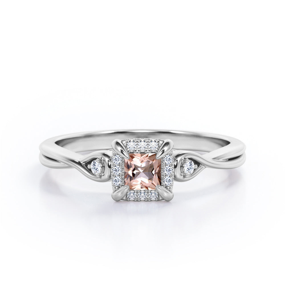 Prong and Halo 0.6 carat Princess Morganite and Moissanite Twisted Shank Engagement Ring in Rose Gold