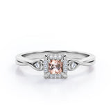 Prong and Halo 0.6 carat Princess Morganite and Moissanite Twisted Shank Engagement Ring in Rose Gold