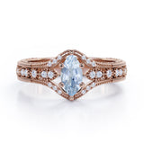 Beaded Framed 1.25 Carat Marquise Cut Aquamarine And Diamond Vintage Filigree Engagement Ring In White Gold