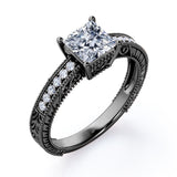 Art Deco Pave Set 0.50 Carat Princess Cut Diamond Vintage Milgrain Engagement Ring In White Gold