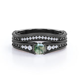 Antique Milgrain 0.8 carat Round Dendritic Moss Agate Stone and Moissanite Bridal Set in White Gold