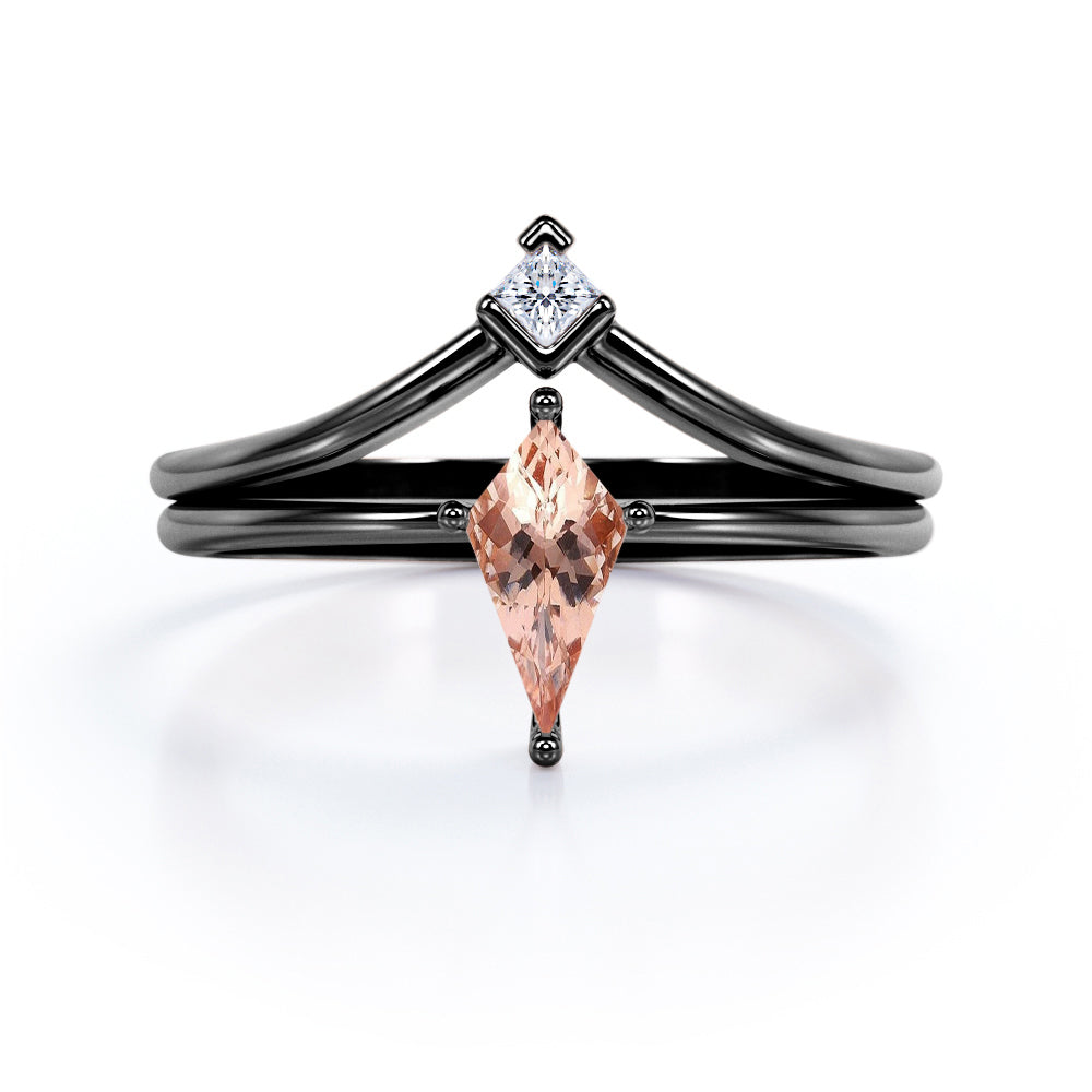 Exquisite 1 carat Kite Morganite and Moissanite Minimal Wedding Ring Set in Rose Gold