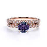 4 Prong Solitaire 1.50 Carat Round Cut Lab Grown Alexandrite and Diamond Marquise Dot Art Deco Wedding Ring Sets