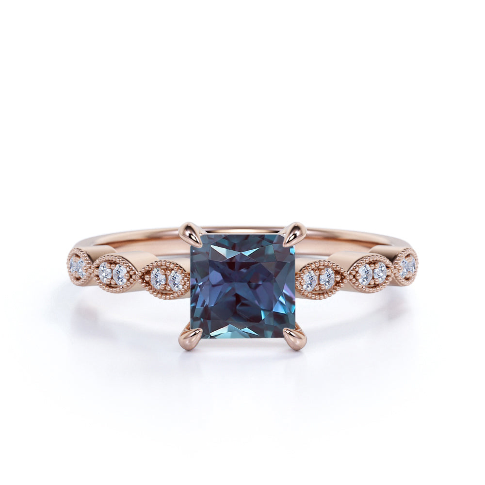 4 Claws Single Stone 1.25 Carat Princess Cut Artificial Alexandrite and Diamond Milgrain Antique Engagement Ring