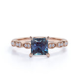 4 Claws Single Stone 1.25 Carat Princess Cut Artificial Alexandrite and Diamond Milgrain Antique Engagement Ring