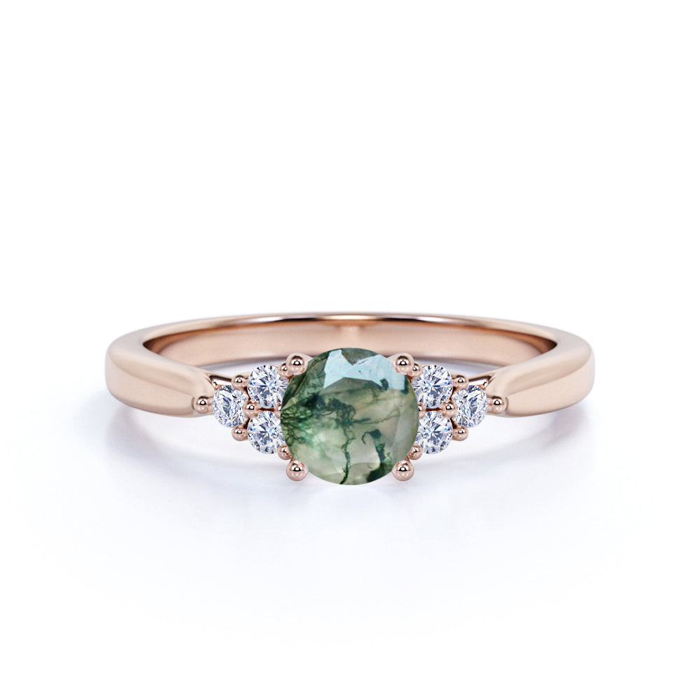 Minimalist 4 Prong 1.50 Carat Round Cut Natural Banded Moss-like Green Agate and Diamond Cluster Engagement Ring in White Gold for Her
