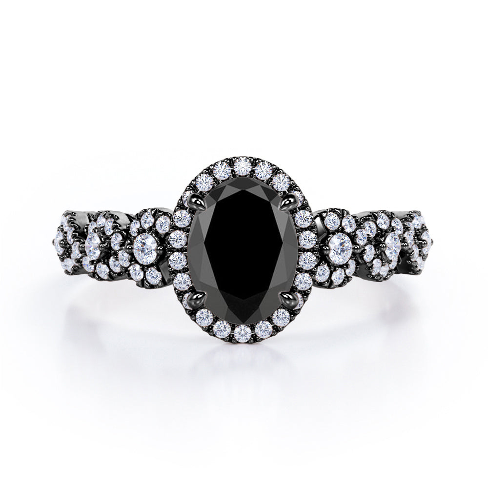 Twisted Pave Set 1.45 Carat Oval Cut Black Diamond Halo Infinity Engagement Ring In Rose Gold