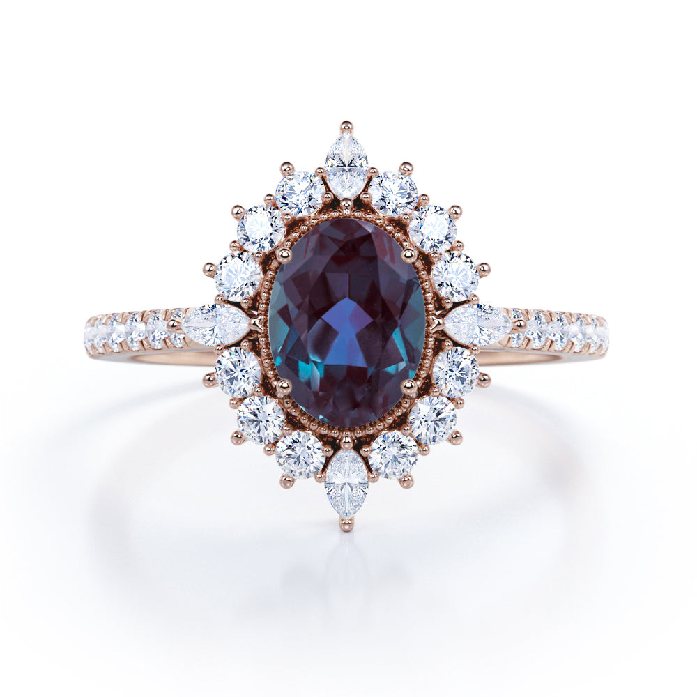Vintage 1.50 Ct Oval Lab Alexandrite Halo Engagement Ring