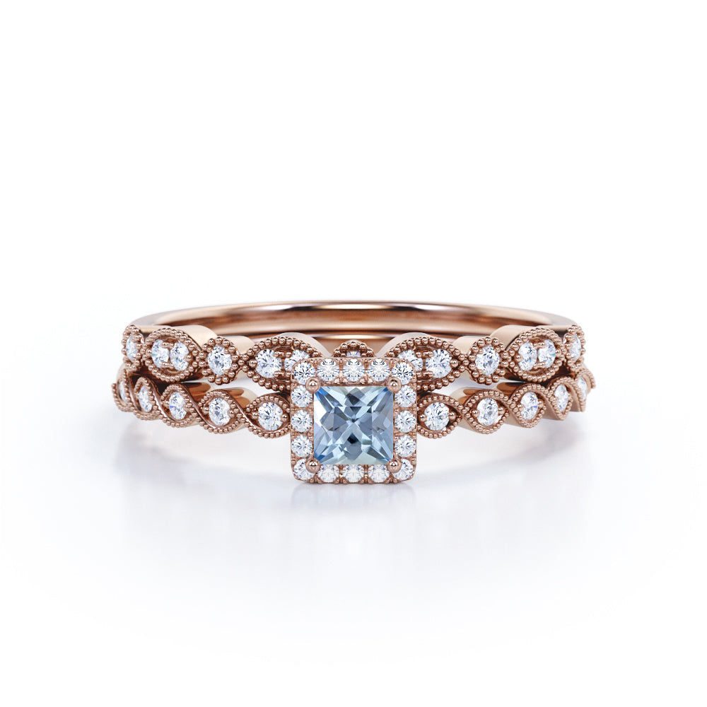 Classic 1.20 Carat Princess Cut Aquamarine And Diamond Vintage Wedding Ring Set In White Gold