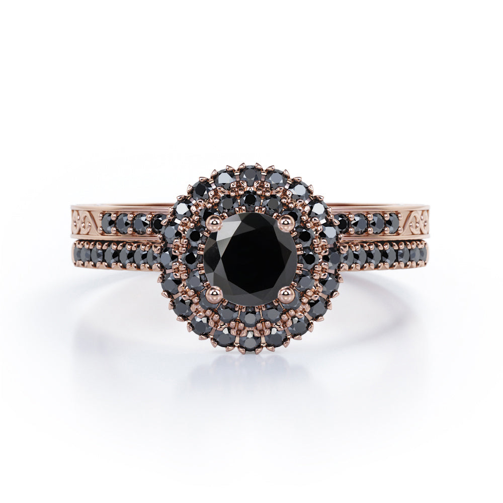 Double Halo Pave 1.75 TCW Round Lab Created Black Diamond Filigree Wedding Ring Set in White Gold