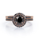 Double Halo Pave 1.75 TCW Round Lab Created Black Diamond Filigree Wedding Ring Set in White Gold