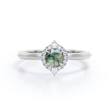 Vintage Halo 0.8 carat Round Moss Agate and Moissanite Anniversary Ring For Her in White Gold