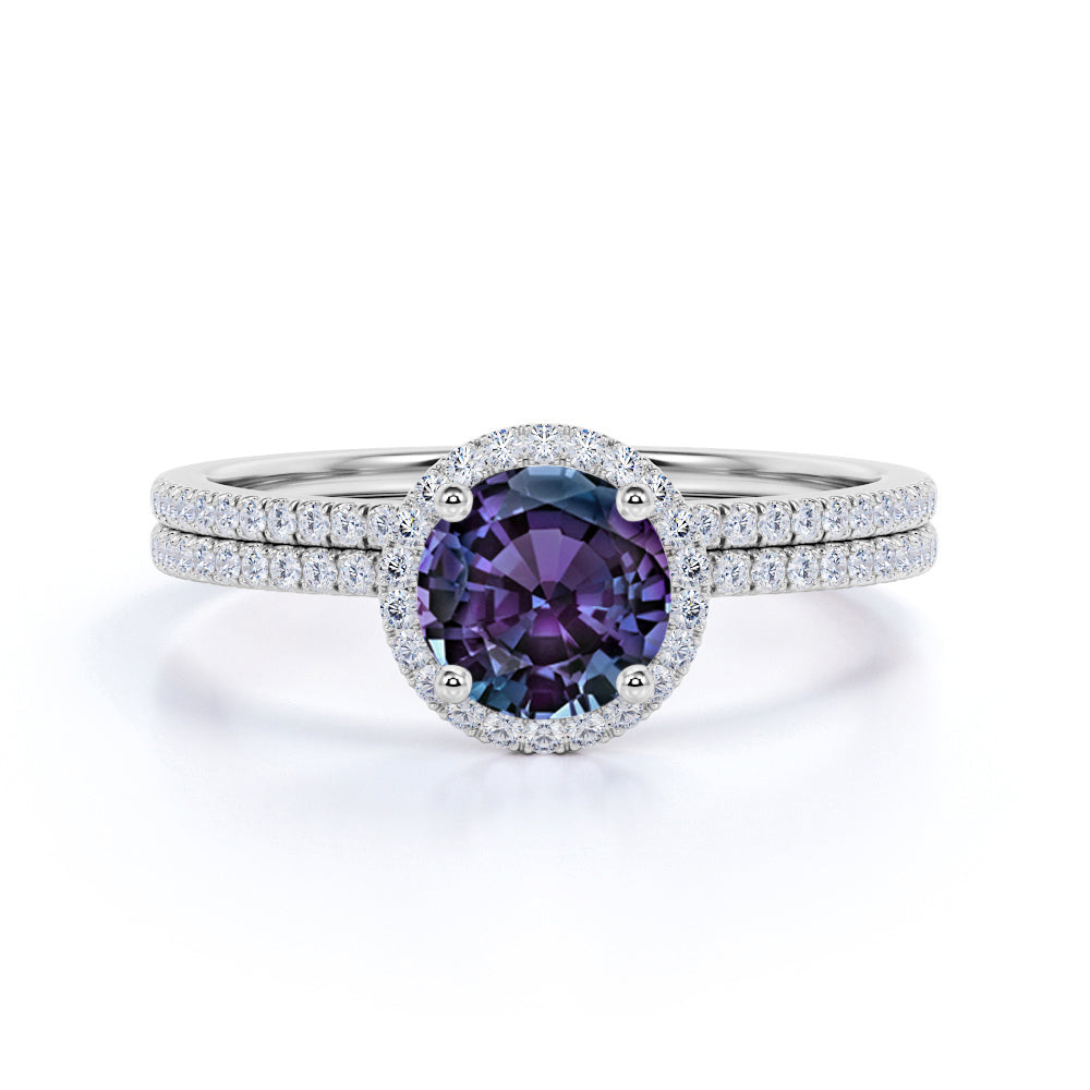 Modern Halo 1.75 Carat Round Cut Lab Made Alexandrite and Diamond Semi Eternity Pave Bridal Set Rings