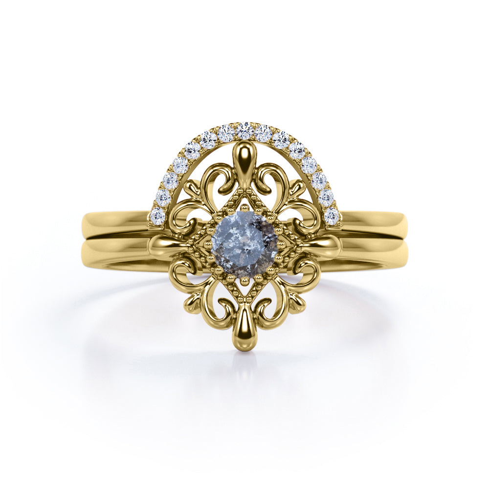 Starburst Filigree 0.65 Carat Round Cut Druzy Black Rutilated Quartz and Diamond Curved Pave Wedding Set Rings