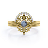 Starburst Filigree 0.65 Carat Round Cut Druzy Black Rutilated Quartz and Diamond Curved Pave Wedding Set Rings