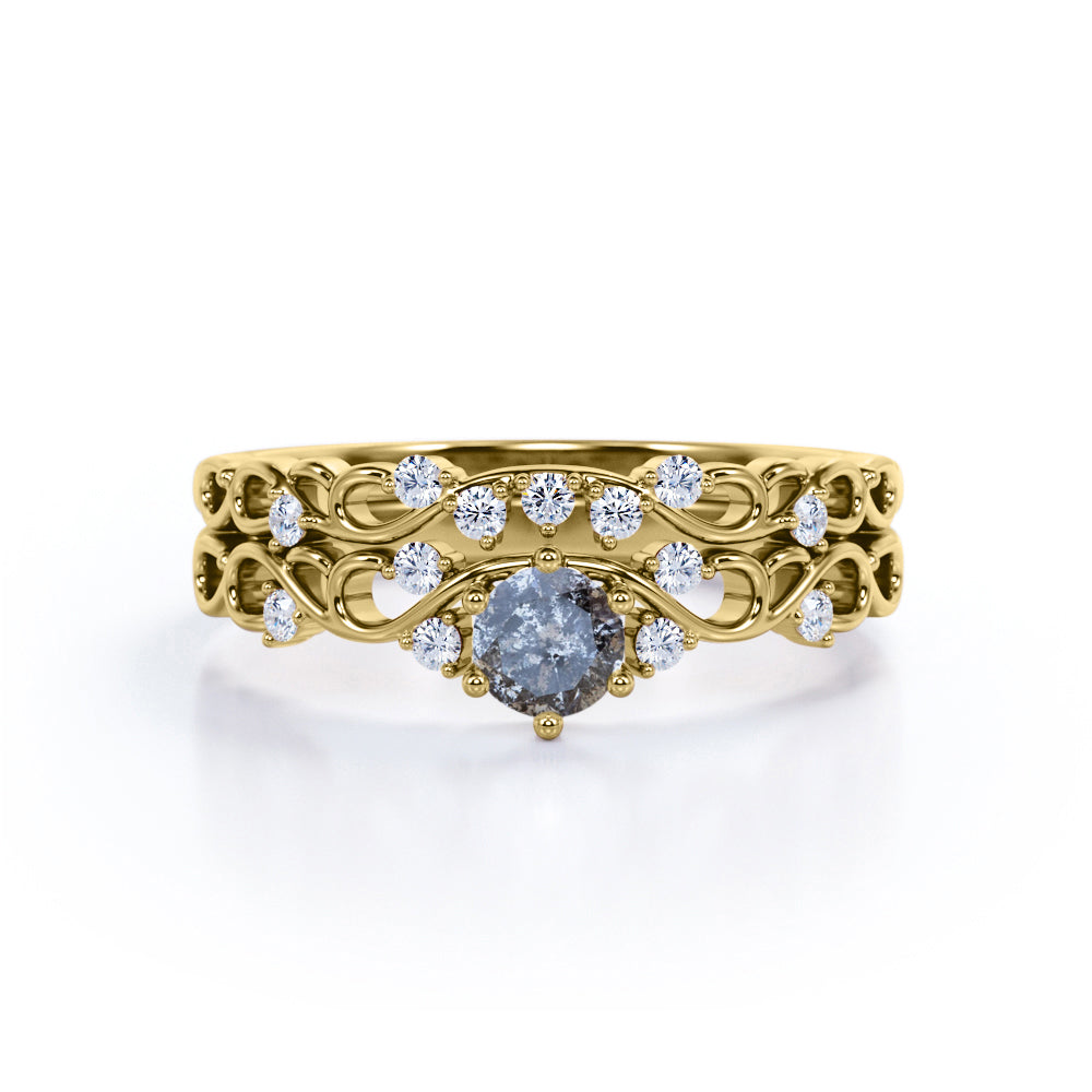 Leaf-Inspired 0.75 Ct Round Salt and Pepper Diamond Wedding Ring Set