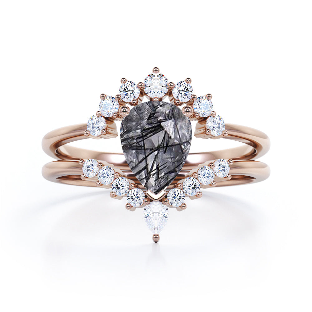 Tiara 1.40 ct Pear Black Hair Rutilated Quartz Unique Bridal Set