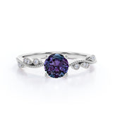 Simple Solitaire 1.25 Carat Round Cut Simulated Purple Alexandrite and Diamond Milgrain Art Deco in White Gold for Her