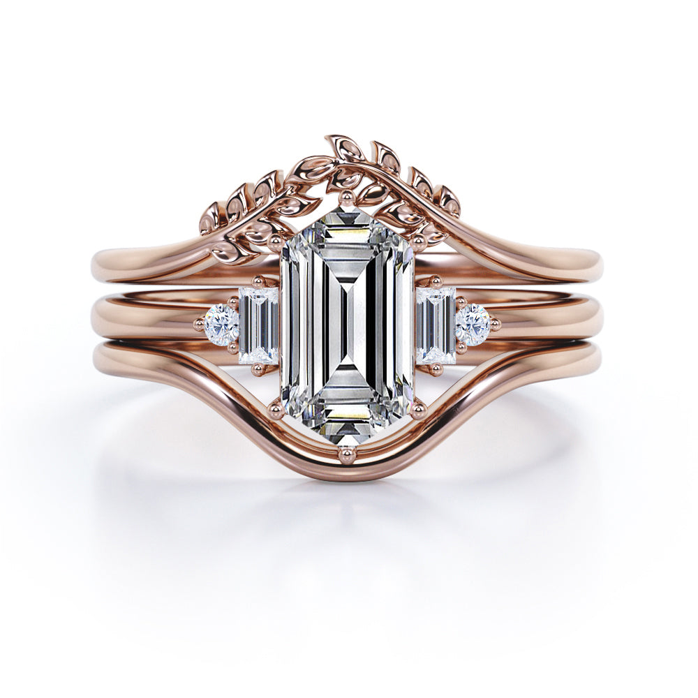 0.8 carat Hexagon Moissanite and Diamond Unique Trio Ring Set For Her in Black Gold