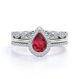 Elegant Pave 2.50 Carat Pear Shape Lab Ruby and Diamond Halo Trio Wedding Ring Set in White Gold