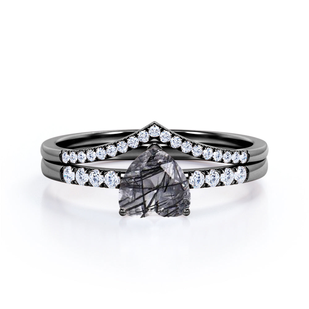 Pave 1.35 Carat Heart Shaped Natural Black Rutilated Quartz And Diamond V Shaped Wedding Ring Set In Rose Gold