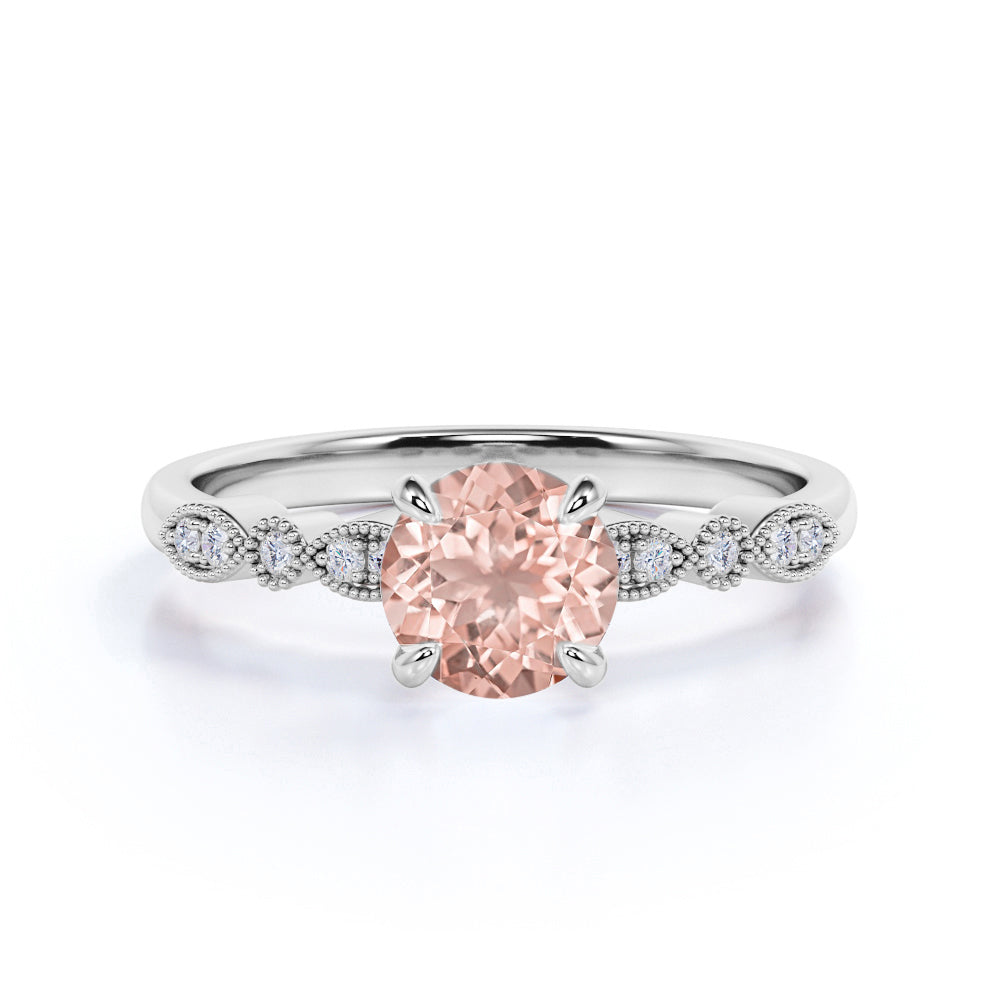 Beautiful 1.25 Carat Round Cut Peach Morganite and Diamond Engagement Ring in 10k Rose Gold Designer Ring