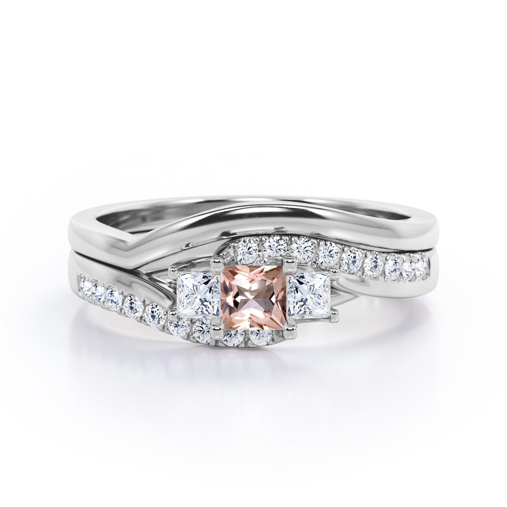 3 Stone Shared Prong - 1 TCW Princess Cut Morganite and Moissanite - Pave Curved Shank Wedding Set - Rose Gold