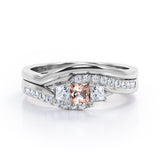 3 Stone Shared Prong - 1 TCW Princess Cut Morganite and Moissanite - Pave Curved Shank Wedding Set - Rose Gold