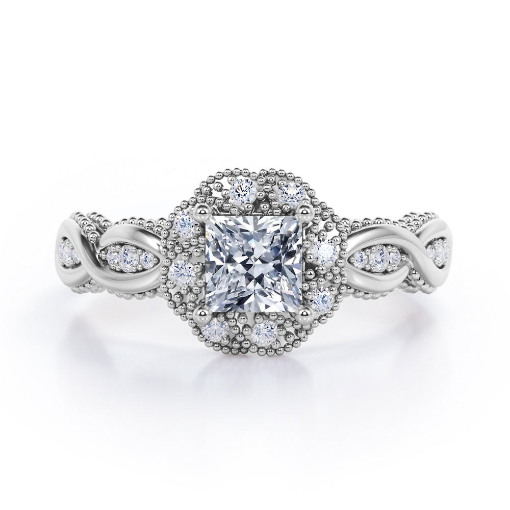 Beaded Halo 1.15 Carat Princess Cut Moissanite And Diamond Infinity Engagement Ring In Rose Gold