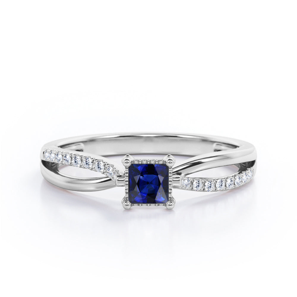 Twisted and Split Pinched Shank 0.65 carat Princess Blue Sapphire and Moissanites Elegant Engagement Ring in Rose Gold