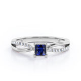 Twisted and Split Pinched Shank 0.65 carat Princess Blue Sapphire and Moissanites Elegant Engagement Ring in Rose Gold