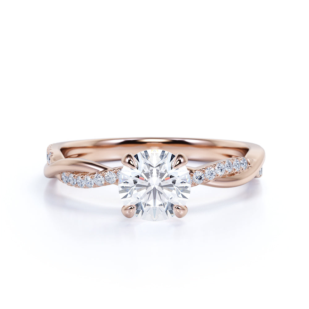 Designer Prong Setting 0.50 CT TDW Round Cut Natural Diamond Twist French Pave Engagement Ring in Rose Gold