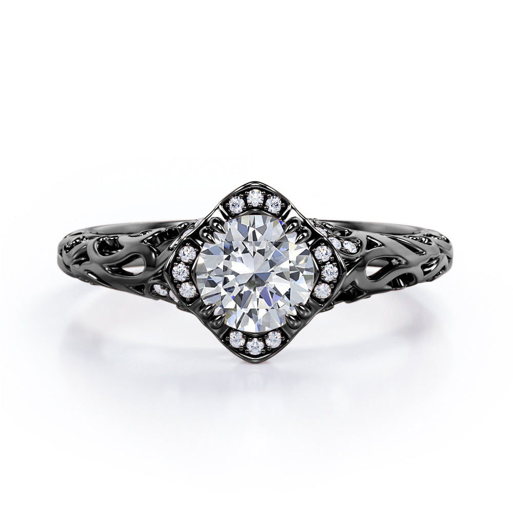 Modern Art Deco 1.10 Carat Round Cut Moissanite And Diamond Cushion Framed Halo Engagement Ring In White Gold