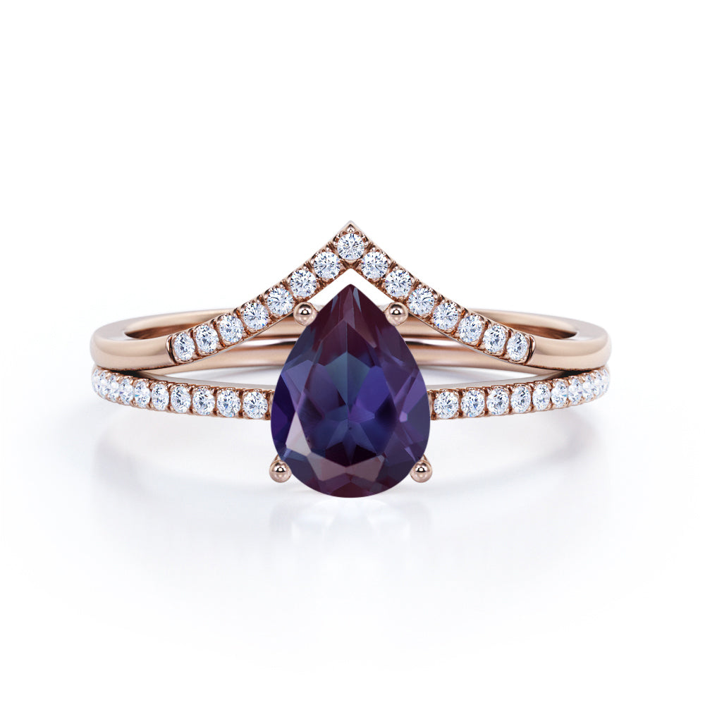 Chevron Pave Set 1.40 Carat Pear Cut Lab Created Alexandrite And Diamond V Style Bridal Set In White Gold