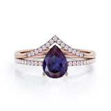 Chevron Pave Set 1.40 Carat Pear Cut Lab Created Alexandrite And Diamond V Style Bridal Set In White Gold