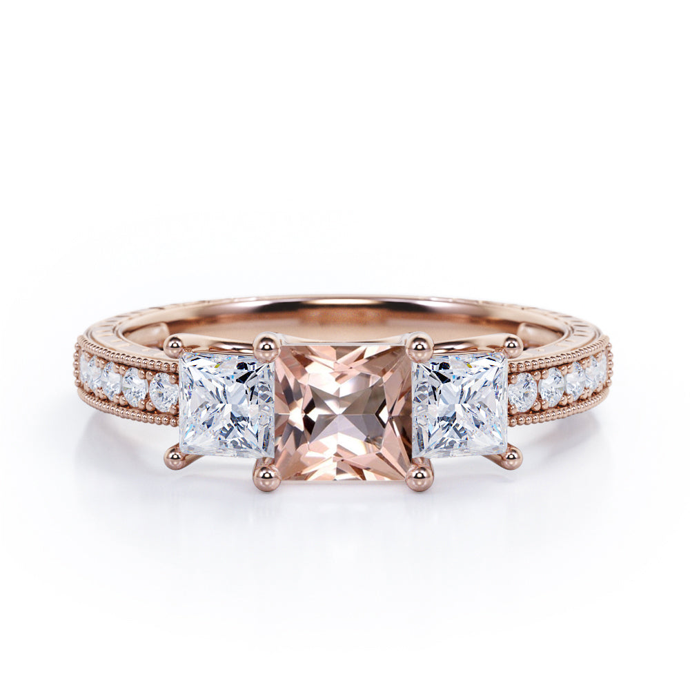 Trilogy 1.25 Carat Princess Cut Morganite And Diamond Three Stone Vintage Milgrain Engagement Ring In White Gold