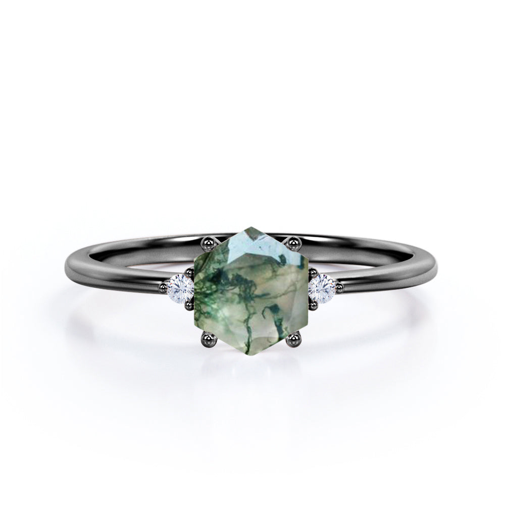 Minimalist Three Stones 0.55 carat Hexagon Dendritic Moss Agate and Moissanite Engagement Ring in Black Gold