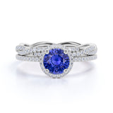 Classic Elegant Halo 2.25 Carat Round Cut Sapphire and Diamond Bridal Set with Infinity Band in White Gold
