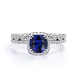 Classic Pave 2 Carat Cushion Cut Sapphire and Diamond Halo Bridal Set with Art Deco Band in White Gold
