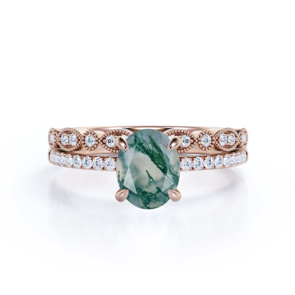 Timeless 4 Prong Solitaire 1.50 Carat Oval Cut Opaque White Mossy Green Agate and Diamond Art Deco Band Wedding Ring Sets