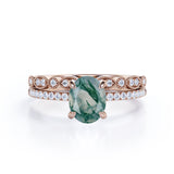 Timeless 4 Prong Solitaire 1.50 Carat Oval Cut Opaque White Mossy Green Agate and Diamond Art Deco Band Wedding Ring Sets