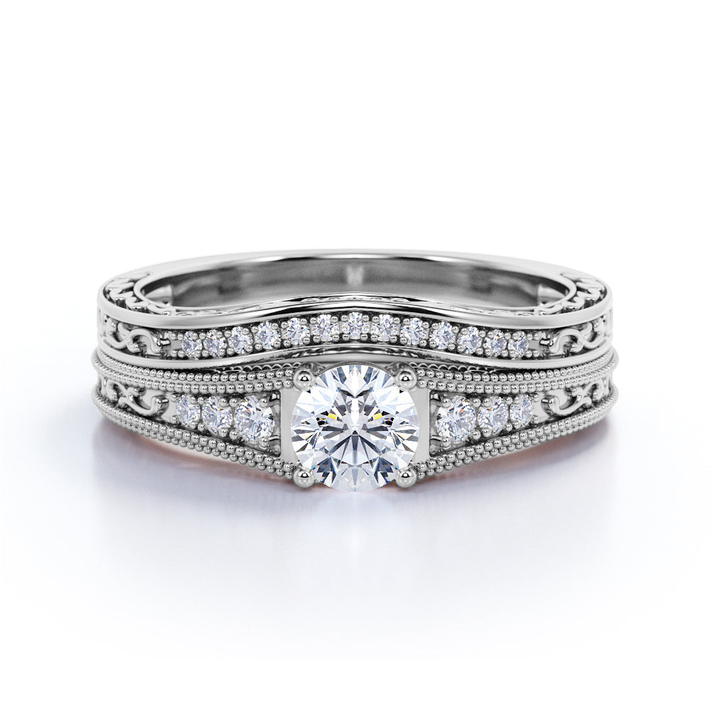 Vintage Prong Setting 1.50 CT TDW Round Cut Diamond Milgrain Wedding Ring Sets for Her