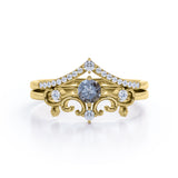 Non Traditional Solitaire 0.75 Carat Round Cut Black Rutilated Quartz and Diamond Filigree Bridal Set Rings