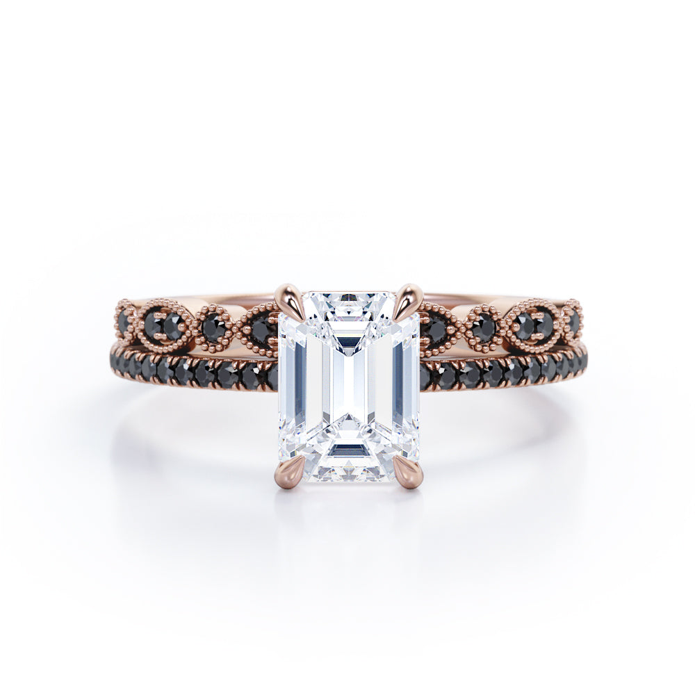 Milgrain Filigree - 1.55 TCW Emerald Cut Moissanite with Lab Created Black Diamond - Pave Accented Bridal Ring Set  in White Gold