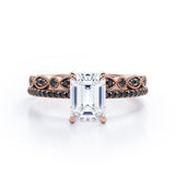 Milgrain Filigree - 1.55 TCW Emerald Cut Moissanite with Lab Created Black Diamond - Pave Accented Bridal Ring Set  in White Gold