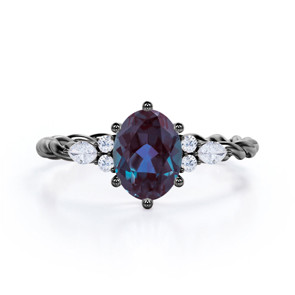 Unique Six Prong 1.35 Carat Oval Cut Lab Created Alexandrite And Diamond Seven Stone Rolled Engagement Ring In White Gold