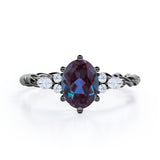 Unique Six Prong 1.35 Carat Oval Cut Lab Created Alexandrite And Diamond Seven Stone Rolled Engagement Ring In White Gold